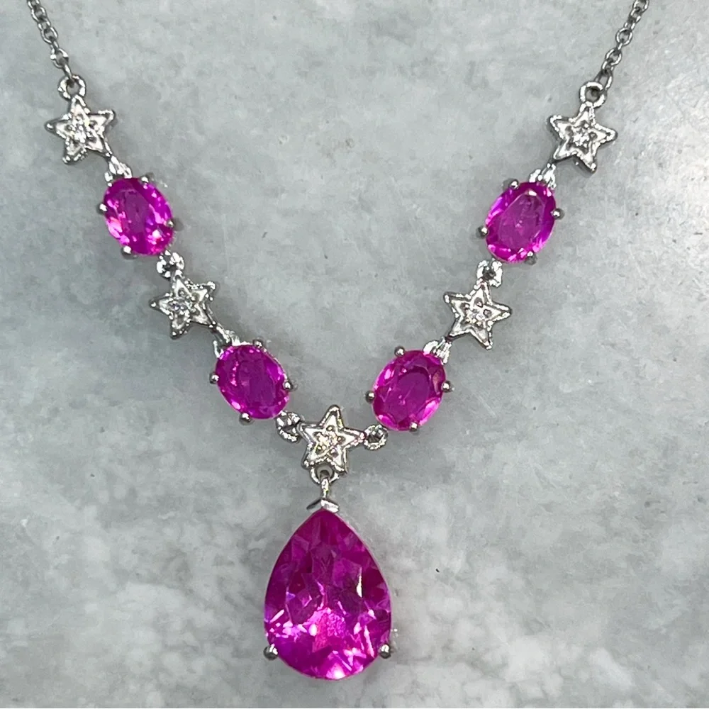 Radiant Orchid Quartz White Zircon Silver V Drop Necklace w/ Extender - Picture 8 of 15
